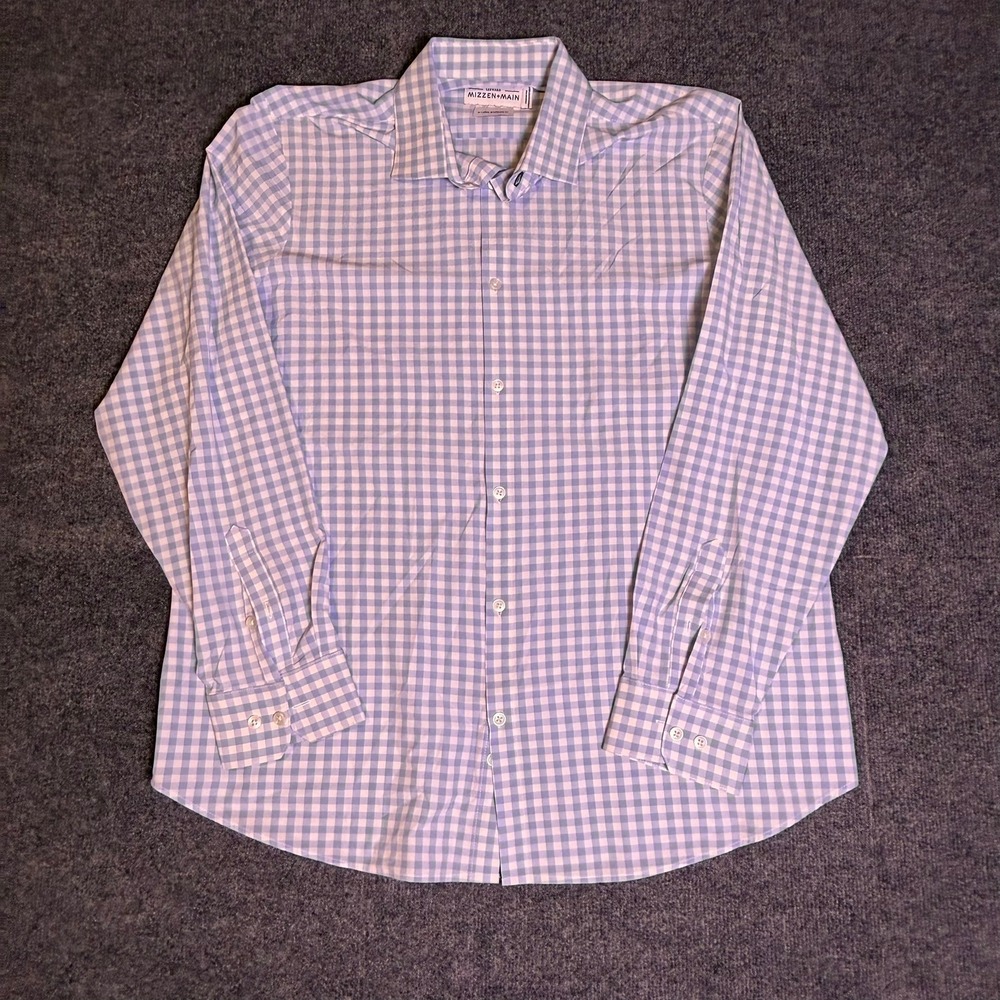 Mizzen+Main Leeward Dress Shirt Mens XL Blue Gingham Performance Standard Fit